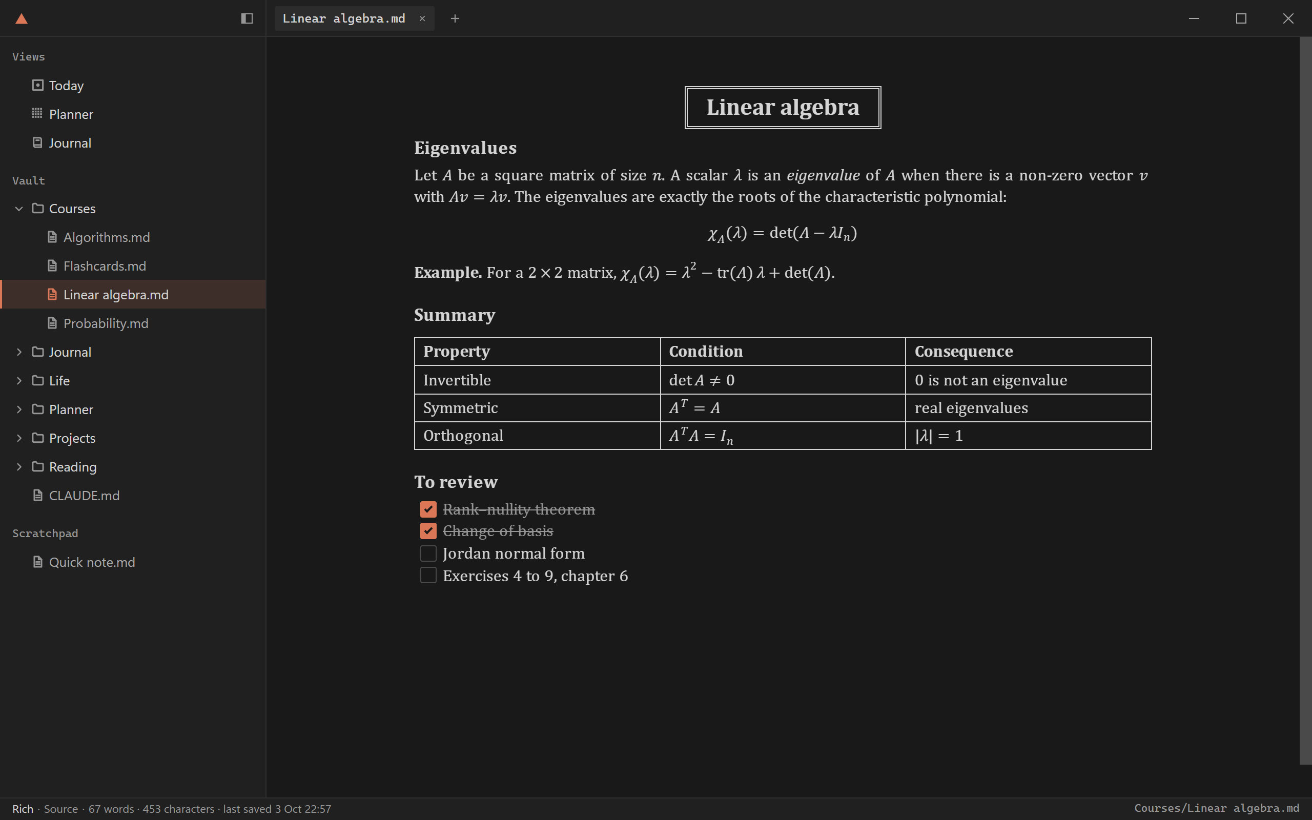 A page of linear algebra notes in Rich: the folder in the sidebar, formulas, a table and a checklist drawn as a document.