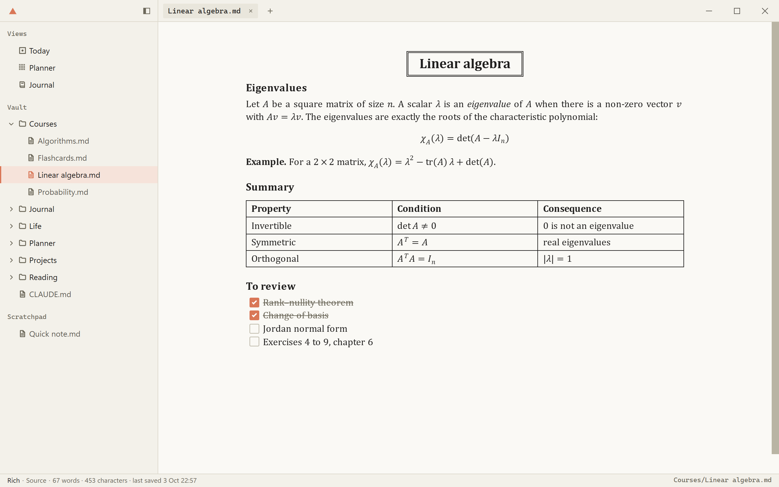 A page of linear algebra notes in Rich: the folder in the sidebar, formulas, a table and a checklist drawn as a document.